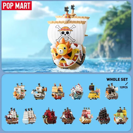 A Pop Mart One Piece Vehicles blind box packaging containing a surprise Grand Line Series ship figure for home decoration.