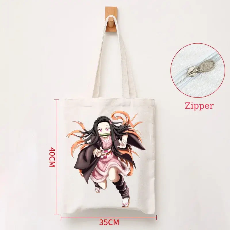 A durable Demon Slayer Canvas Bag featuring Kamado Nezuko and Tanjiro anime graphics, designed as a zipper tote for students and shoppers.