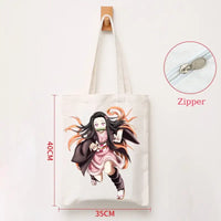 A durable Demon Slayer Canvas Bag featuring Kamado Nezuko and Tanjiro anime graphics, designed as a zipper tote for students and shoppers.