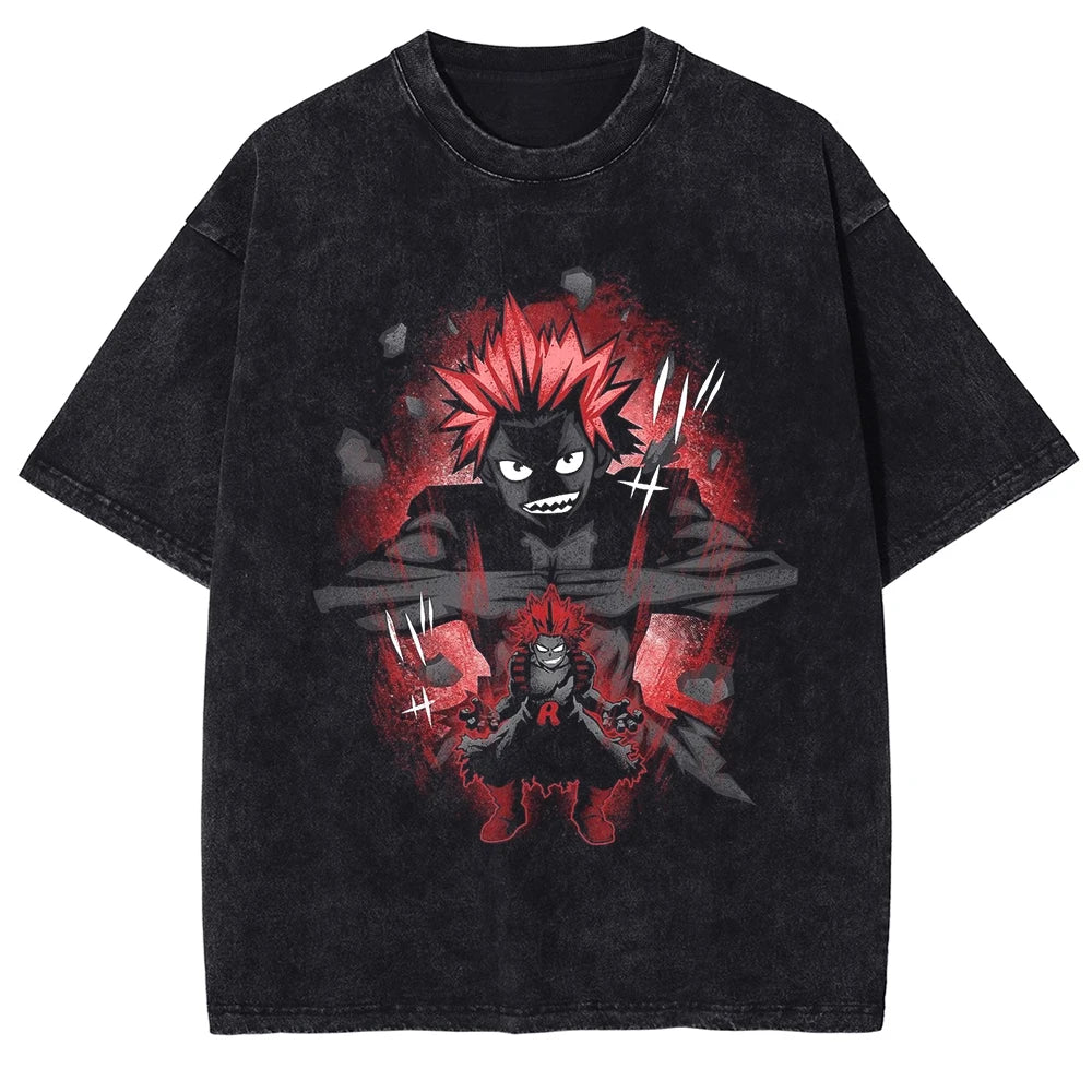 Kirishima Eijiro Washed T-Shirt featuring bold manga design on black fabric, breathable cotton-polyester blend.