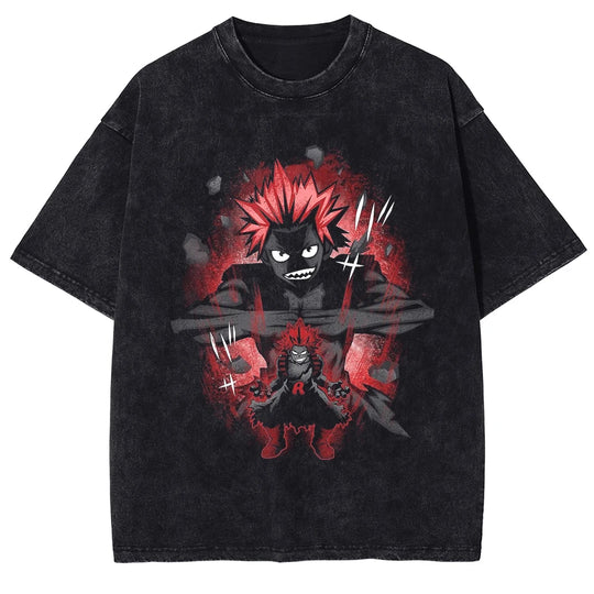 Kirishima Eijiro Washed T-Shirt featuring bold manga design on black fabric, breathable cotton-polyester blend.