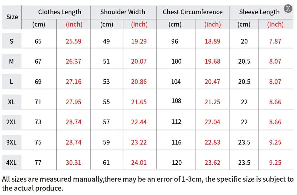 Size chart for Demon Slayer Summer Parent-Child Cotton Tee showing clothes length, shoulder width, chest circumference, and sleeve length.