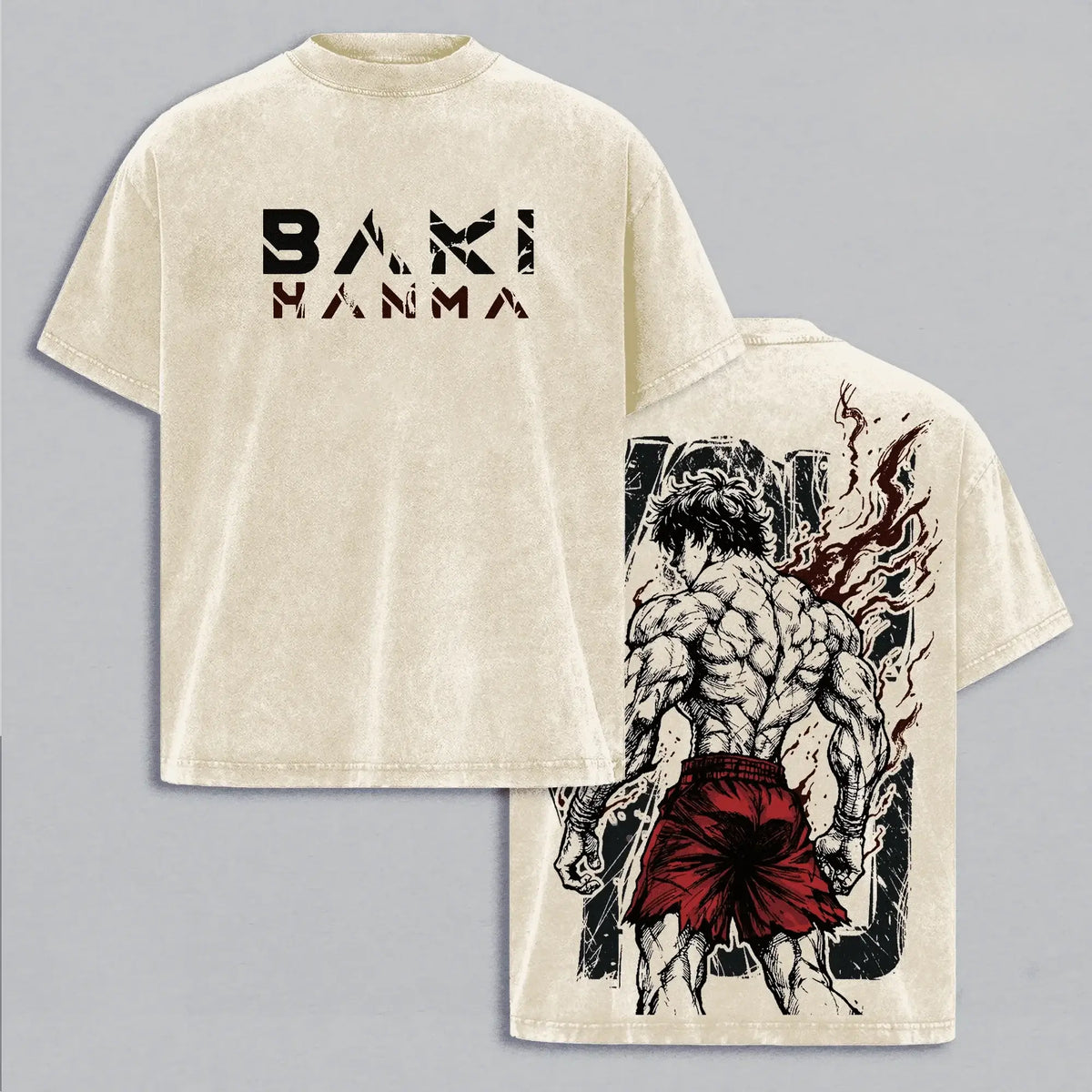 Baki Anime Vintage Washed Oversized T-Shirt featuring character design and manga-inspired graphics on a soft cotton tee.