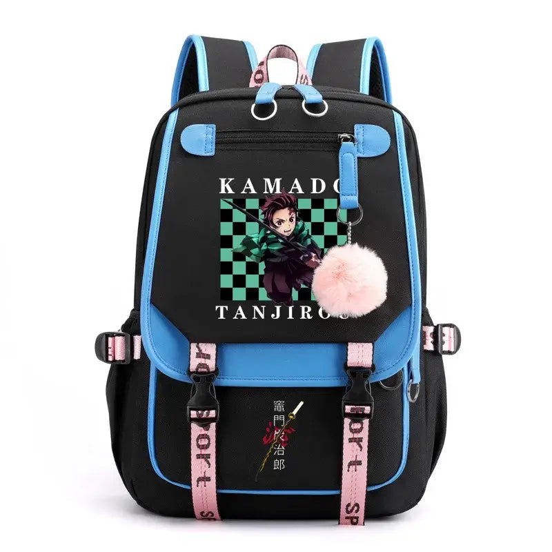 A durable Kamado Tanjirou Backpack featuring the green checkered pattern, large capacity storage, and high-quality zippers for teenagers.