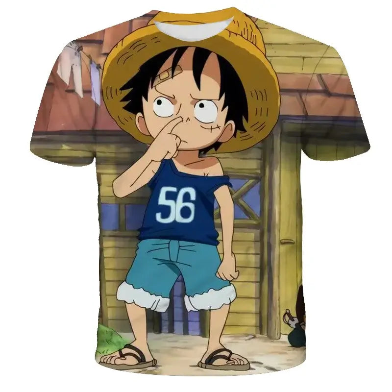 A 3D printed One Piece Luffy T-Shirt featuring a dynamic cartoon cosplay graphic of Monkey D. Luffy for boys' summer fashion.