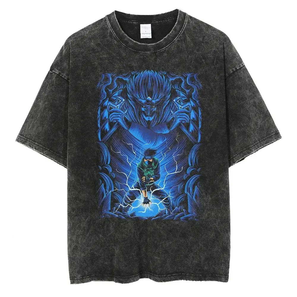 A man wearing the vintage black Japanese Anime Naruto Print T Shirt in a Harajuku hip hop streetwear style.