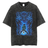 A man wearing the vintage black Japanese Anime Naruto Print T Shirt in a Harajuku hip hop streetwear style.