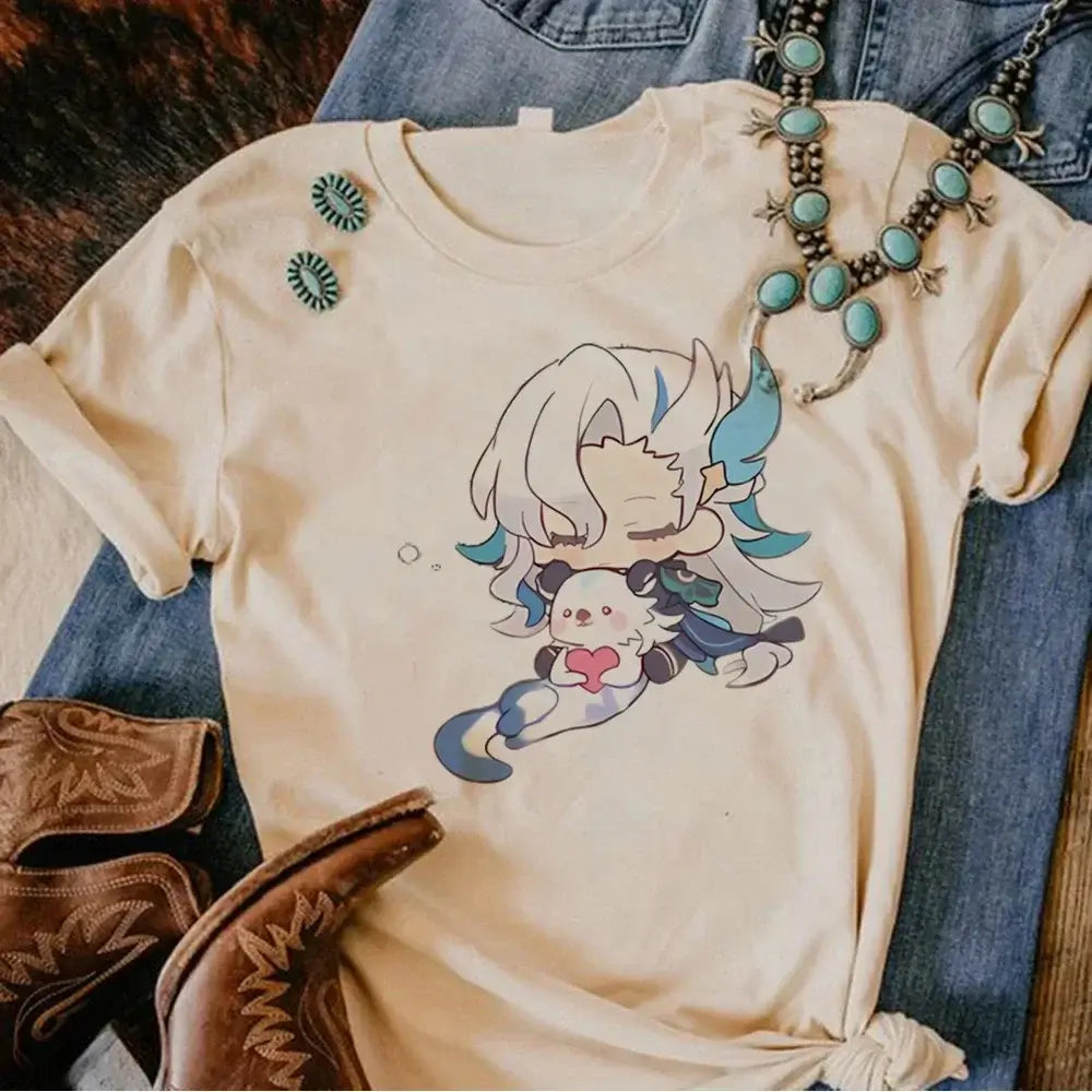 A woman wearing a funny Y2k Genshin Impact Furina T-Shirt with a comic anime design.