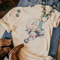 A woman wearing a funny Y2k Genshin Impact Furina T-Shirt with a comic anime design.