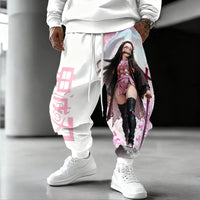 Trendy Demon Slayer Cotton Pants featuring a vibrant Nezuko Kamado color print, designed as loose casual autumn and winter joggers for men.