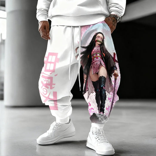 Trendy Demon Slayer Cotton Pants featuring a vibrant Nezuko Kamado color print, designed as loose casual autumn and winter joggers for men.