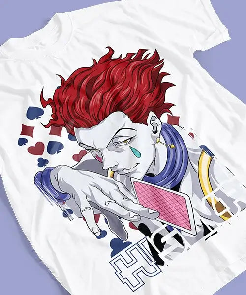 A trendy Hisoka Morow T-shirt featuring a dynamic graphic print of the Hunter x Hunter magician holding a playing card, designed for unisex anime streetwear.