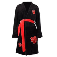 A thick flannel Naruto Akatsuki Robe featuring red clouds and Uchiha Itachi anime styling, designed as a thermal winter bathgown for young adults.