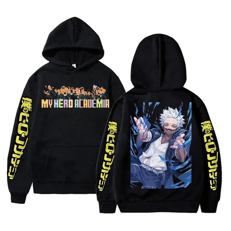 An oversized Midoriya Izuku Hoodie featuring a black and white manga graphic print, styled as unisex Harajuku streetwear for men and women.