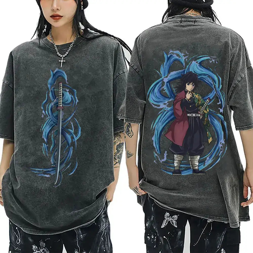 A vintage washed Demon Slayer Serpent Hashira Iguro Obanai T Shirt in a casual, oversized style for men and women.