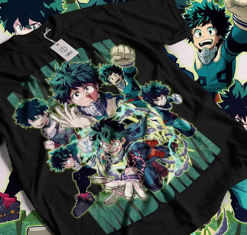 A trendy Midoriya Izuku T-Shirt made of 100% cotton, featuring Fire Style Deku graphic art for unisex Japanese fashion.