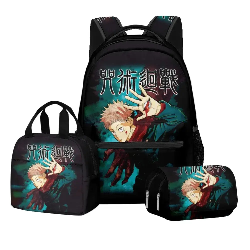 A 3-piece Jujutsu Kaisen Backpack Set featuring a digital print schoolbag, thermal lunch bag, and 2-layer pencil case for boys.
