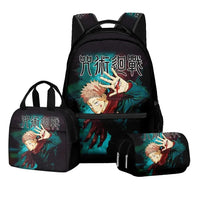 A 3-piece Jujutsu Kaisen Backpack Set featuring a digital print schoolbag, thermal lunch bag, and 2-layer pencil case for boys.