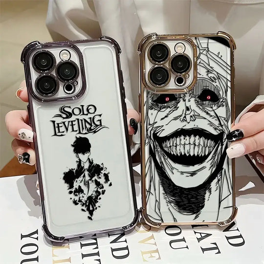 A luxury Solo Leveling Plating Case featuring Sung Jinwoo art with electroplated edges and anti-fall airbag corners for Apple iPhone 16 and 15.