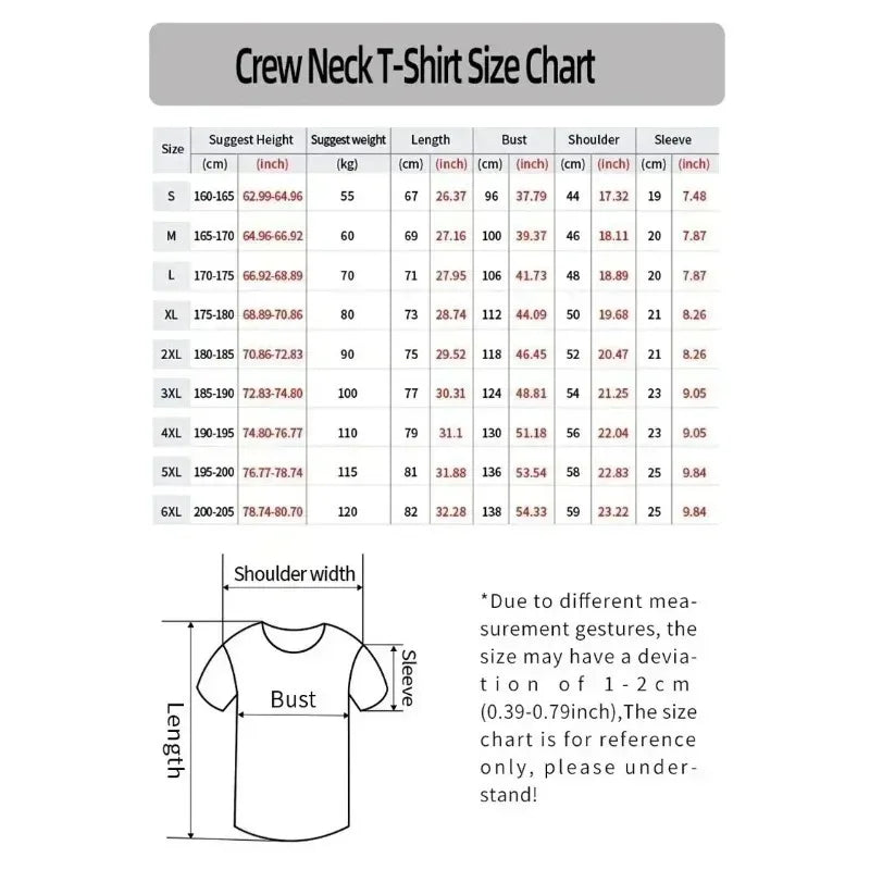 Zoro Luffy 3D T-Shirt One Piece Quick-Dry polyester all-over sublimation print oversized fit plus size men women children summer jersey front view Crew Neck T-Shirt Size Chart with dimensions for various sizes including S, M, L, XL, and plus sizes.