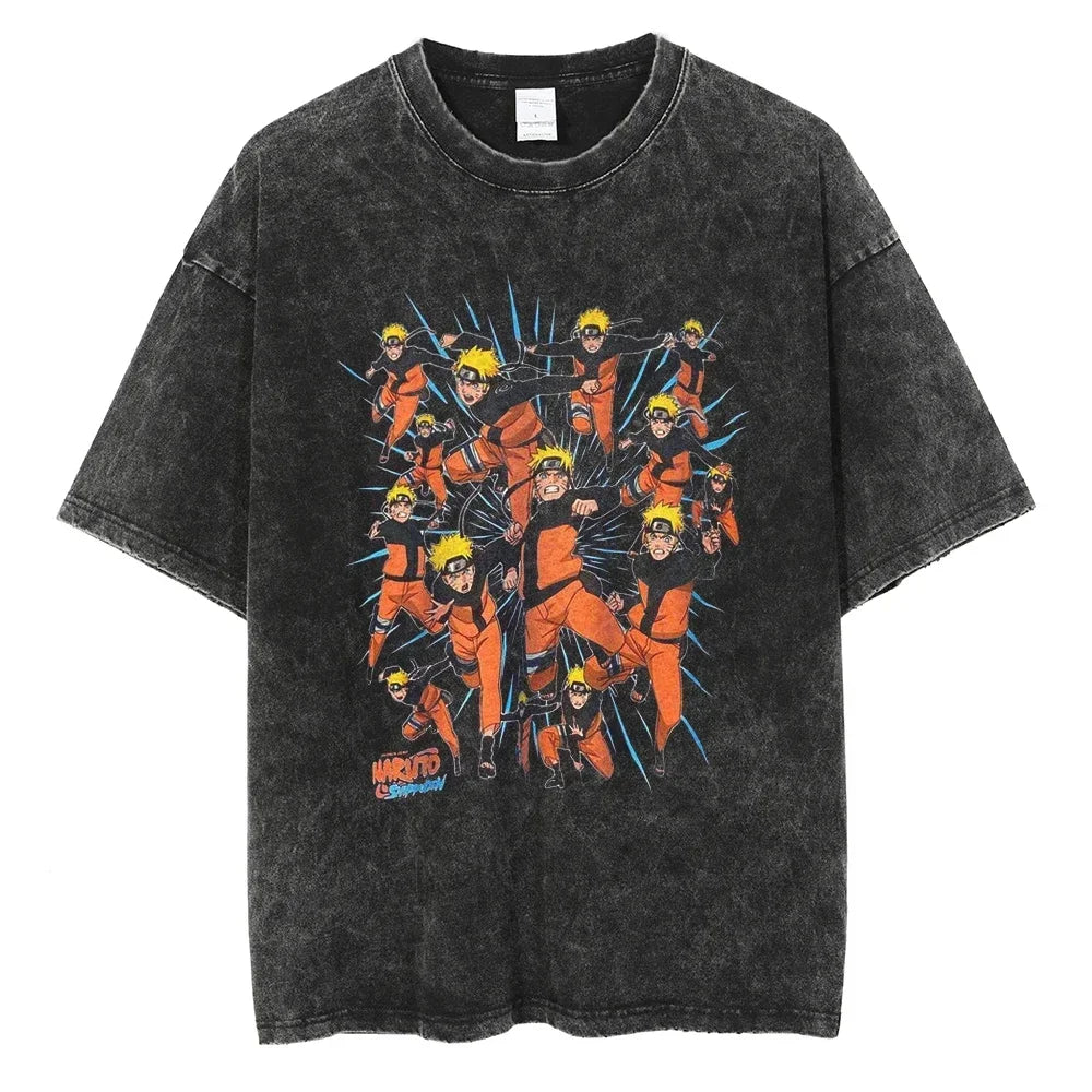 Men's vintage Naruto Rock Lee Streetwear T Shirt in a washed black style, featuring an anime graphic of the taijutsu master.