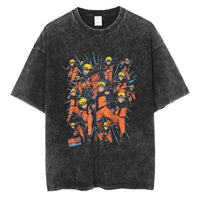 Men's vintage Naruto Rock Lee Streetwear T Shirt in a washed black style, featuring an anime graphic of the taijutsu master.