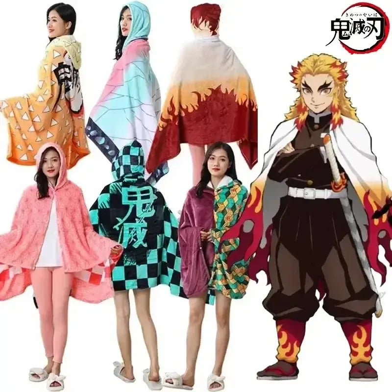 A cozy Demon Slayer Blanket styled as a Tanjiro Kamado plaid haori, functioning as a wearable bathrobe and anime cosplay shawl.