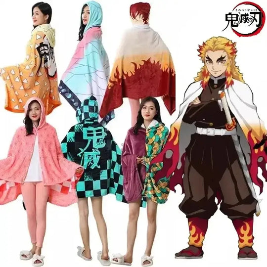 A cozy Demon Slayer Blanket styled as a Tanjiro Kamado plaid haori, functioning as a wearable bathrobe and anime cosplay shawl.