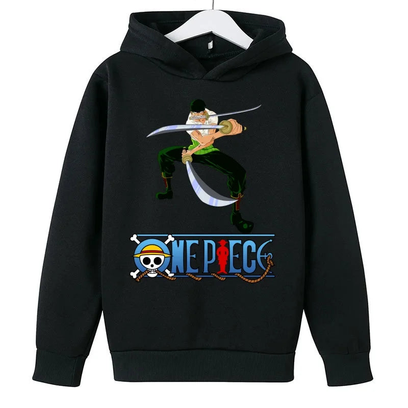 A trendy One Piece Kids Hoodie featuring cartoon graphic prints of Luffy and Zoro, designed as a casual spring and autumn pullover for children.