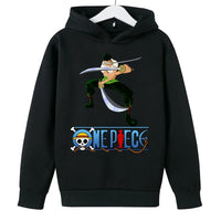 A trendy One Piece Kids Hoodie featuring cartoon graphic prints of Luffy and Zoro, designed as a casual spring and autumn pullover for children.