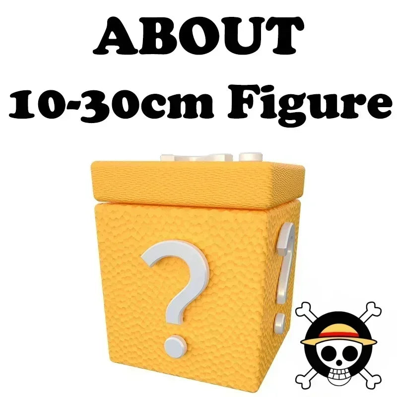 A One Piece Mystery Box containing a random collectible action figure ranging from 10cm to 30cm, featuring Luffy Gear 5 and Yonko silhouettes.