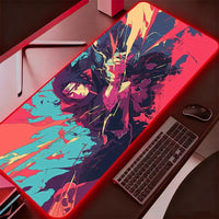 A glowing Itachi Uchiha RGB Mouse Pad illuminating a Gabinete Gamer computer setup with vivid Naruto anime art.