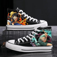 Trendy One Piece Canvas Shoes featuring colorful graffiti art of Luffy, Zoro, and Portgas D. Ace for casual men's and women's fashion.