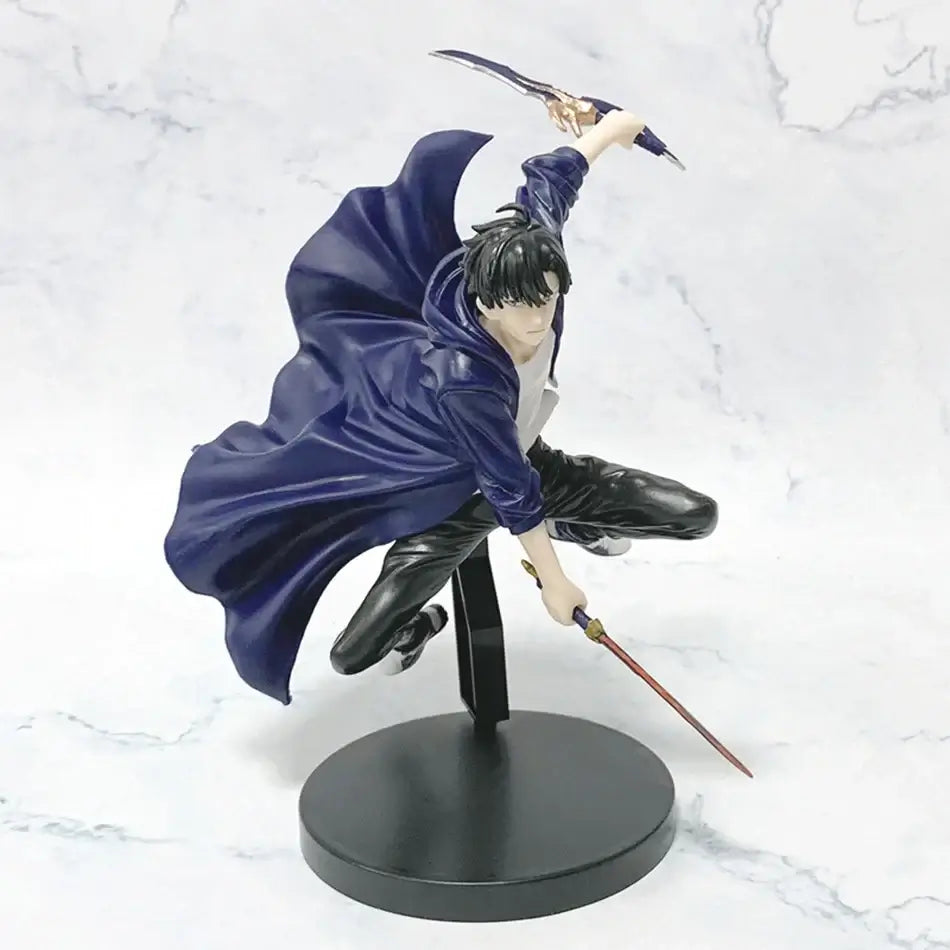A highly detailed Sung Jin Woo Figure, showcasing the Solo Leveling Shadow Monarch in a dynamic anime action pose for desktop decoration.