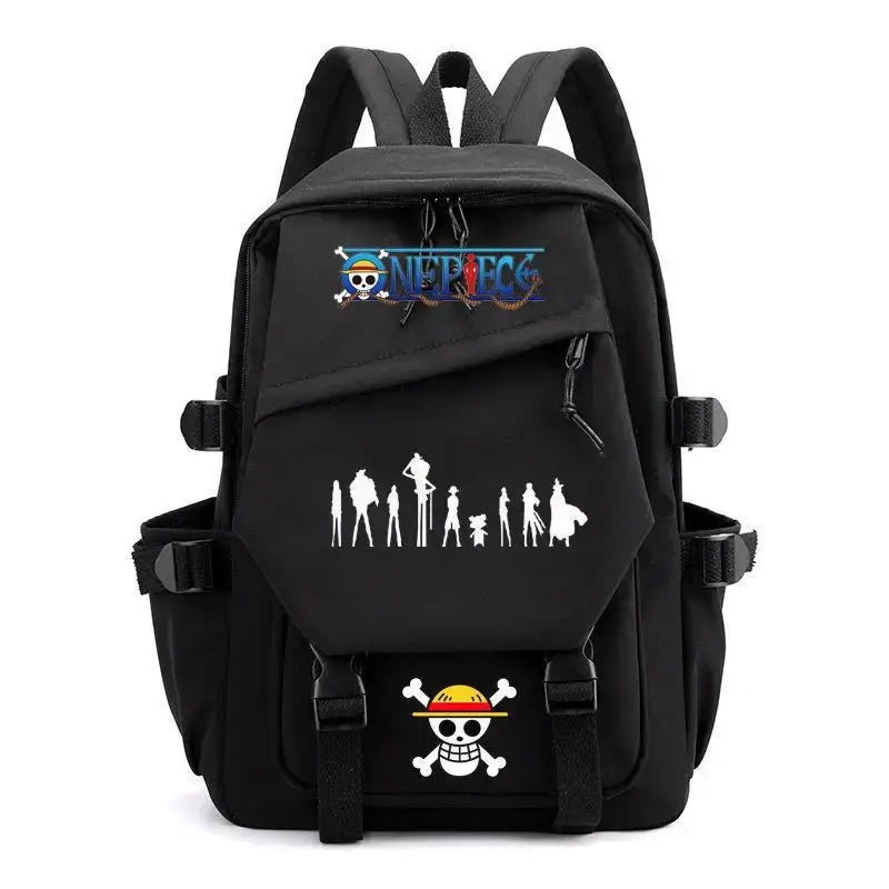 A lightweight canvas One Piece Backpack featuring kawaii anime characters, suitable for school, travel, and carrying a laptop computer.