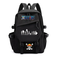 A lightweight canvas One Piece Backpack featuring kawaii anime characters, suitable for school, travel, and carrying a laptop computer.