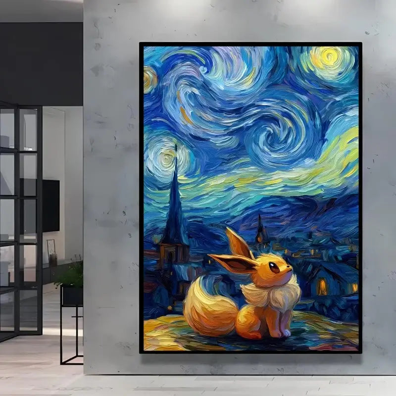A stunning Van Gogh Pokemon Wall Art piece featuring Pikachu painted in a Starry Night impressionist style for unique home decoration.