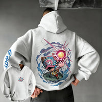 A loose-fit Tony Tony Chopper Hoodie featuring a cute anime graphic print, designed as American street hip hop wear for men and children.