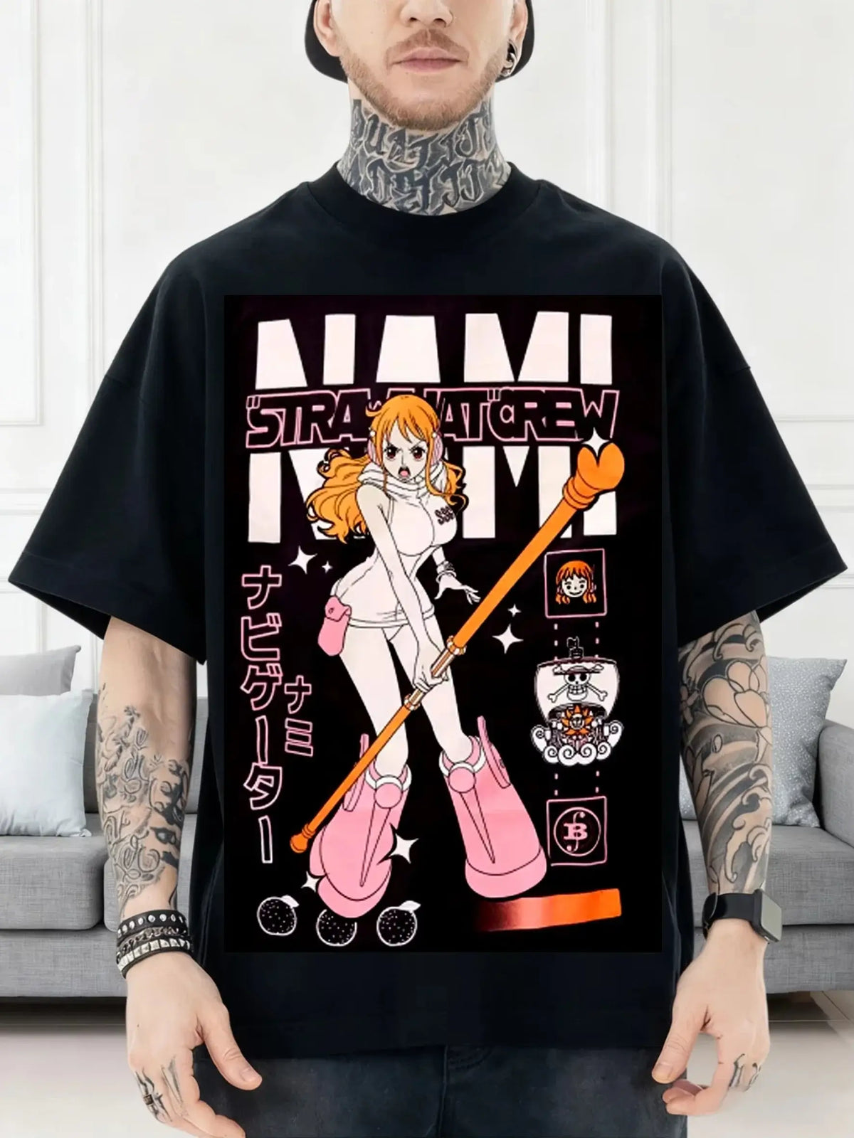 A trendy Nami Egghead Island T-Shirt by MINISO, featuring a retro Y2K graphic print of Nami's future outfit on soft cotton for men and women.