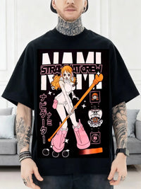 A trendy Nami Egghead Island T-Shirt by MINISO, featuring a retro Y2K graphic print of Nami's future outfit on soft cotton for men and women.