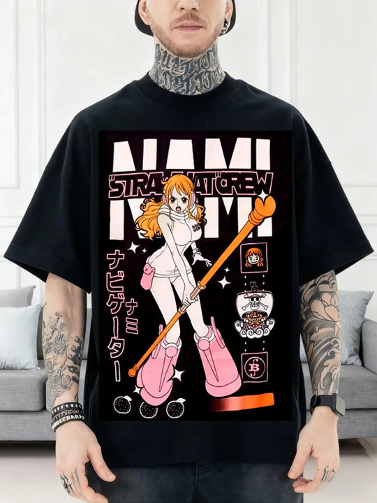 A trendy Nami Egghead Island T-Shirt by MINISO, featuring a retro Y2K graphic print of Nami's future outfit on soft cotton for men and women.