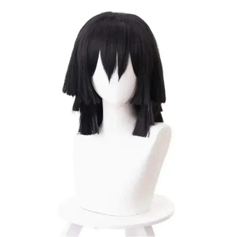 A complete Iguro Obanai Cosplay Costume featuring the black and white striped kimono, Demon Slayer uniform, and wig for Halloween parties.