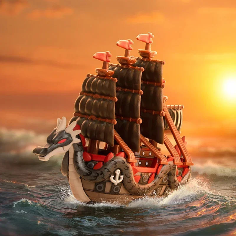 A Pop Mart One Piece Vehicles blind box packaging containing a surprise Grand Line Series ship figure for home decoration.