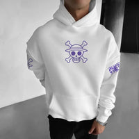 ONE PIECE Monkey D. Luffy Anime Hoodie in white with a pirate skull design, perfect for anime fans.