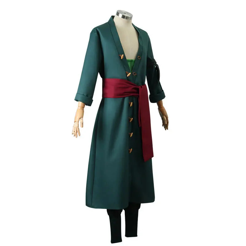 Roronoa Zoro Cosplay Costume including outfit, head scarf, and earrings available in adult sizes.