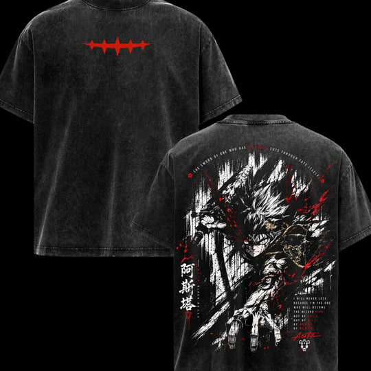 Asta Black Clover Harajuku T-Shirt featuring vintage-washed design and striking manga graphics on the back.