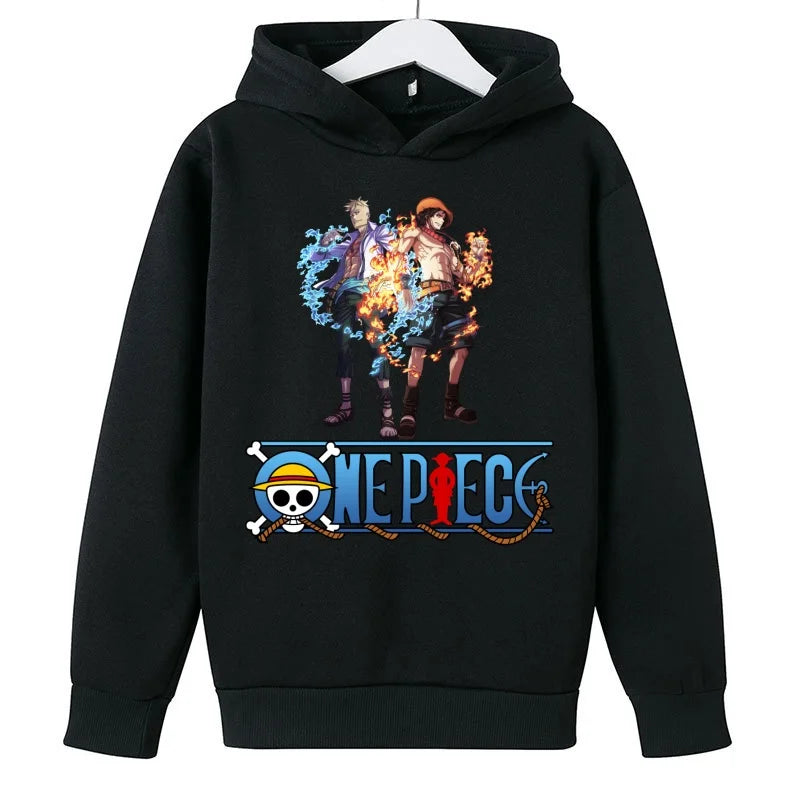 A trendy One Piece Kids Hoodie featuring cartoon graphic prints of Luffy and Zoro, designed as a casual spring and autumn pullover for children.