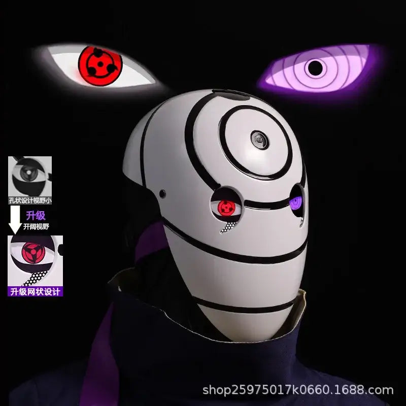 A highly imitative, high-gloss Obito Cosplay Mask featuring the Akatsuki Sharingan design for anime Halloween costumes and conventions.