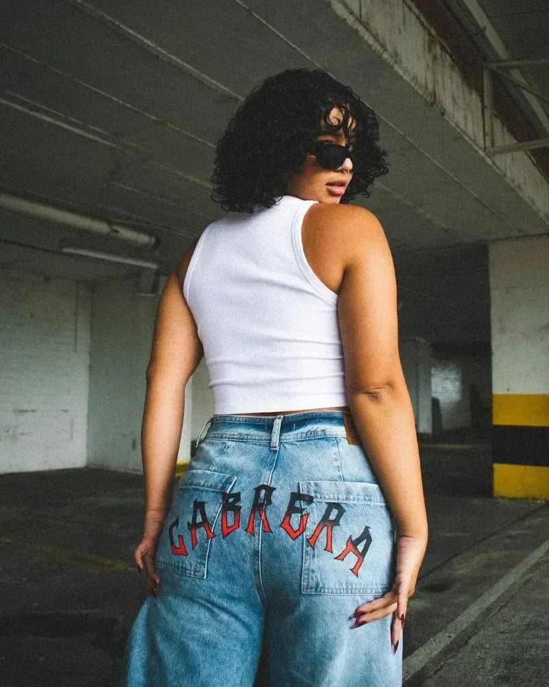 Trendy Y2K Anime Baggy Jeans featuring a Harajuku graphic print pattern, designed as high-waisted vintage streetwear for men and women.