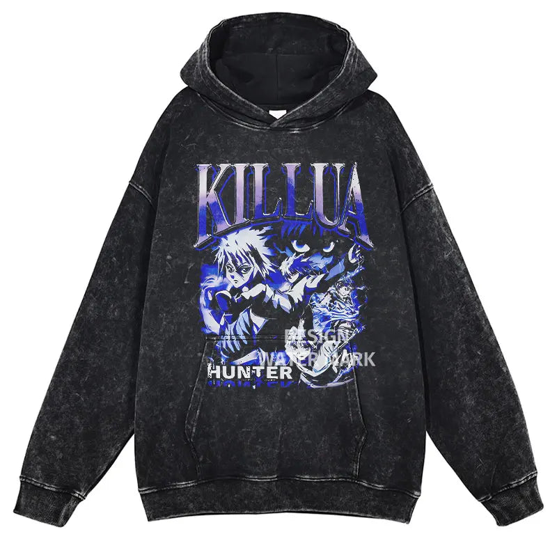 Gon Freecss Hunter x Hunter Washed Hoodie featuring bold Killua graphic on washed black background.